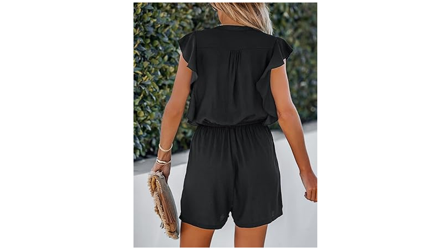 CUPSHE Summer Women Ruffled Button-Front Romper VNeck Ruffled Jumpsuit, Black, L