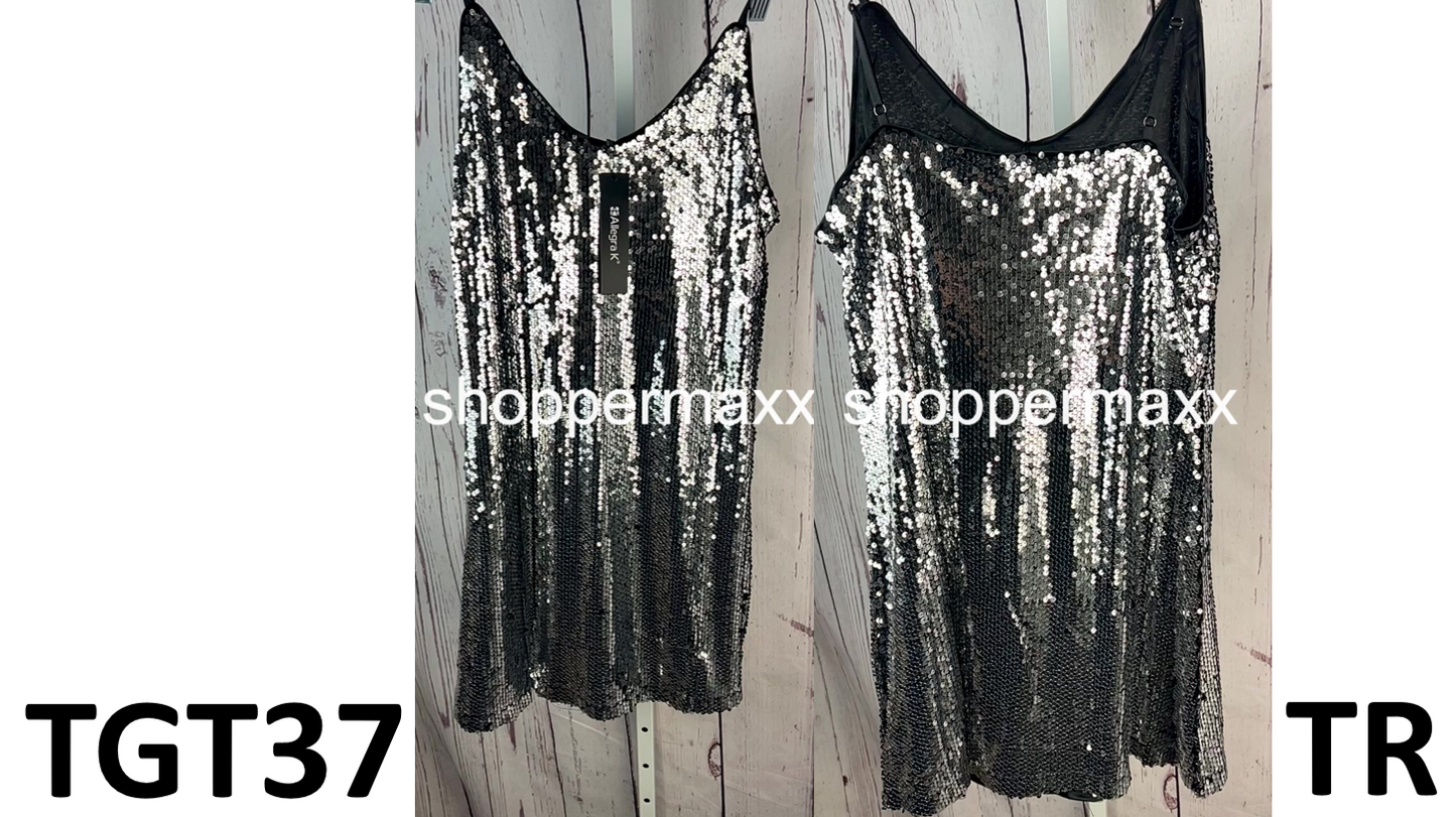 Allegra K Women's Glitter Sequin Spaghetti Strap V-Neck Party Cocktail Dress, M