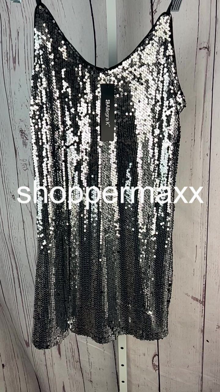 Allegra K Women's Glitter Sequin Spaghetti Strap V-Neck Party Cocktail Dress, M
