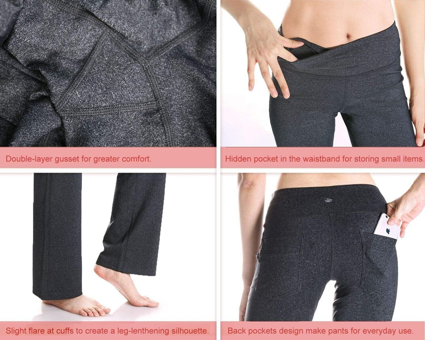 Yogipace,2 Back Pockets 31" Inseam, Women's Bootcut Yoga Pants Charcoal M