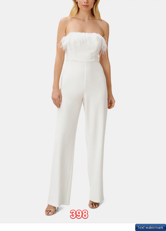 AIDAN BY AIDAN MATTOX Feather Detail Strapless Jumpsuit Ivory Size 6 $295