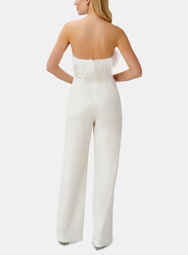 AIDAN BY AIDAN MATTOX Feather Detail Strapless Jumpsuit Ivory Size 6 $295