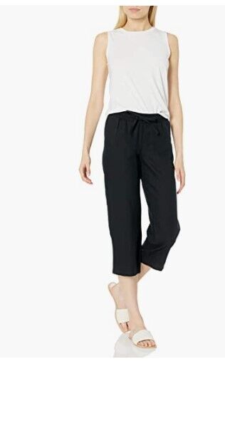 Amazon Essentials Women's Linen Blend Drawstring Wide Leg Crop Pant Black M
