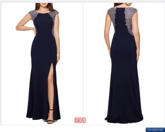 XSCAPE GOWN Lace Detail Side Slit Cap Sleeve Gown XSCAPE Women's Dress Navy 16