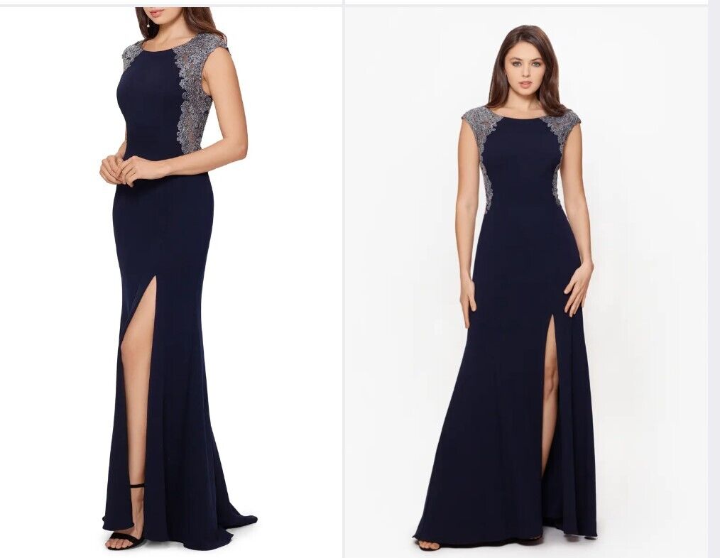 XSCAPE GOWN Lace Detail Side Slit Cap Sleeve Gown XSCAPE Women's Dress Navy 16