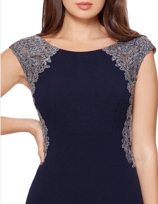XSCAPE GOWN Lace Detail Side Slit Cap Sleeve Gown XSCAPE Women's Dress Navy 16