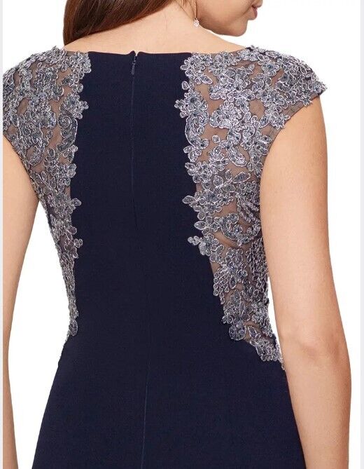 XSCAPE GOWN Lace Detail Side Slit Cap Sleeve Gown XSCAPE Women's Dress Navy 16