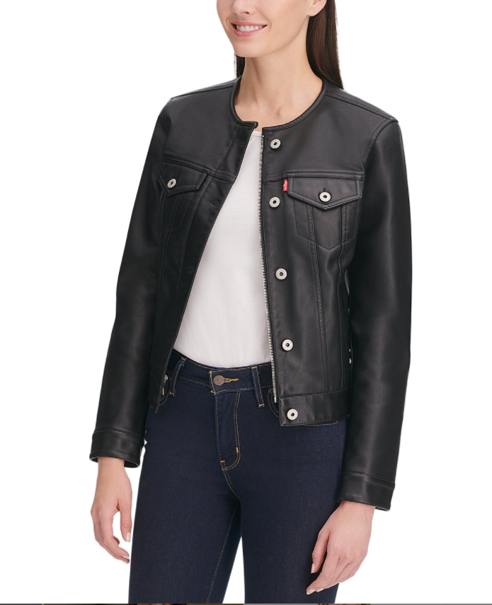 Levi's Women's Faux Leather Collarless Trucker Jacket, Black, X-Small