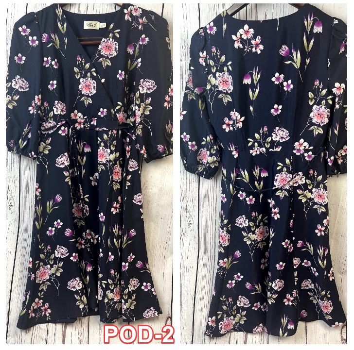 Eliza J Floral Print 3/4 Balloon Sleeve Wrap Belt Tie Dress with lining 6P Black