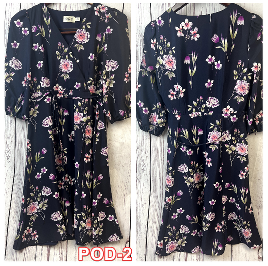 Eliza J Floral Print 3/4 Balloon Sleeve Wrap Belt Tie Dress with lining 6P Black
