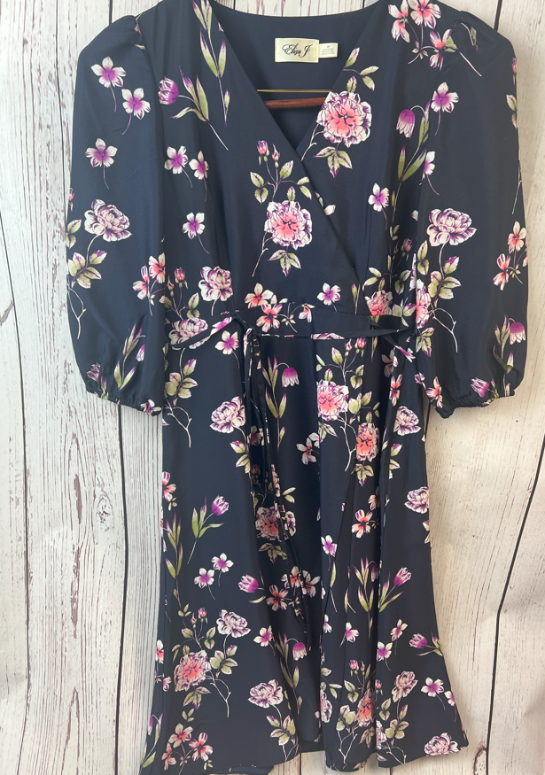 Eliza J Floral Print 3/4 Balloon Sleeve Wrap Belt Tie Dress with lining 6P Black