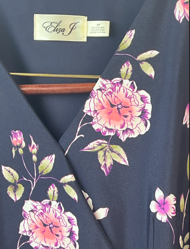 Eliza J Floral Print 3/4 Balloon Sleeve Wrap Belt Tie Dress with lining 6P Black