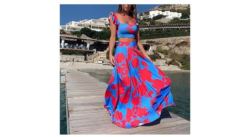 Vakkest Womens Summer Sexy 2 Pieces Outfits Summer Tank Top Wrap Long Skirt,  S