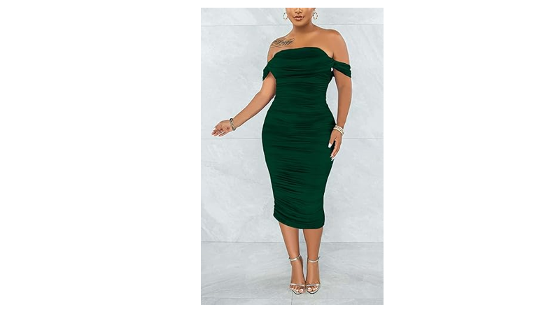 Women's Sexy Off Shoulder Sleeveless Bodycon Ruched Midi Elegant Cocktail, XL