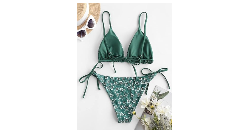 ZAFUL Women's Triangle Bikini Floral String Bikini Set Two Piece Swimsuit, L
