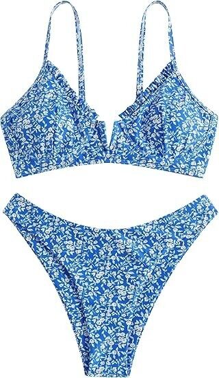 ZAFUL Women's Underwire Floral High Leg Bikini Set V-Wired Two Piece Swimsuit, S
