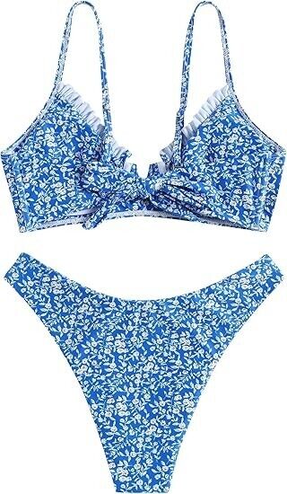 ZAFUL Women's Underwire Floral High Leg Bikini Set V-Wired Two Piece Swimsuit, S