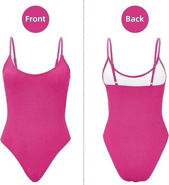 Zando One Piece Women's Ribbed Bathing Suit Tummy Control Swimsuit Hot Pink M