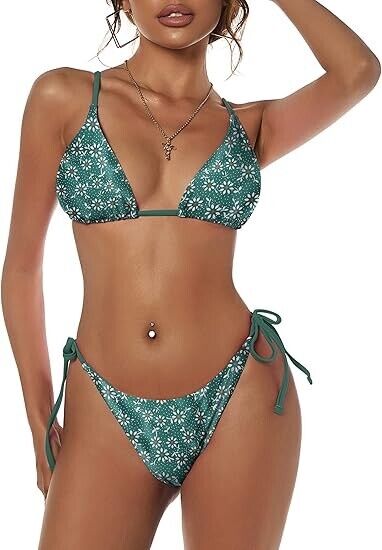 ZAFUL Women Triangle Bikini Floral String Bikini Set Two Piece Swimsuit, Green M