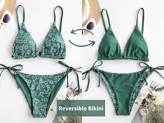 ZAFUL Women Triangle Bikini Floral String Bikini Set Two Piece Swimsuit, Green M