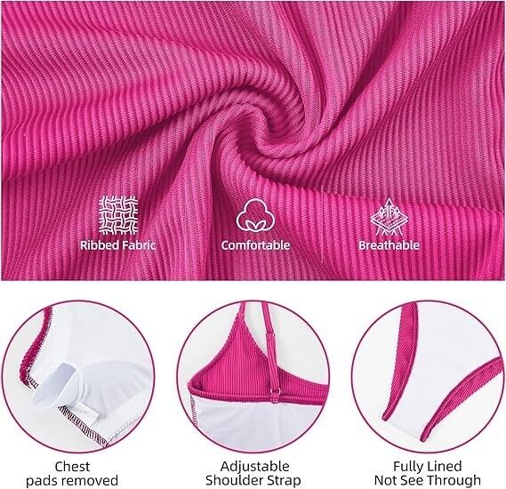Zando One Piece Women's Ribbed Bathing Suit Tummy Control Swimsuit Hot Pink M