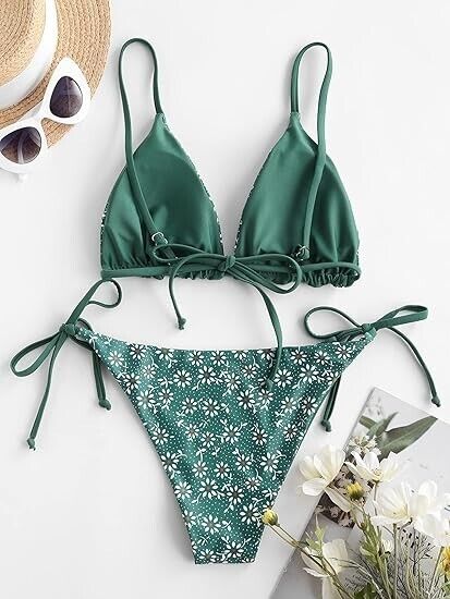 ZAFUL Women Triangle Bikini Floral String Bikini Set Two Piece Swimsuit, Green M