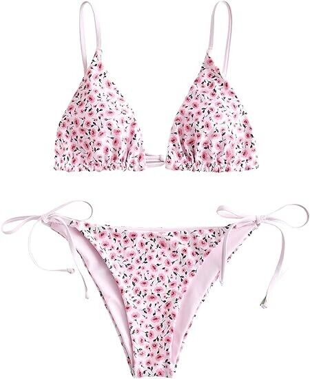 ZAFUL Women Triangle Bikini Floral String Bikini Set Two Piece Swimsuit, Pink, M