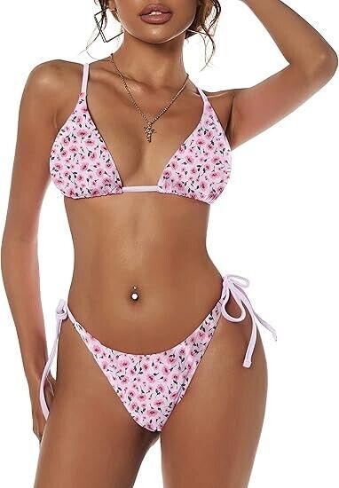 ZAFUL Women Triangle Bikini Floral String Bikini Set Two Piece Swimsuit, Pink, M