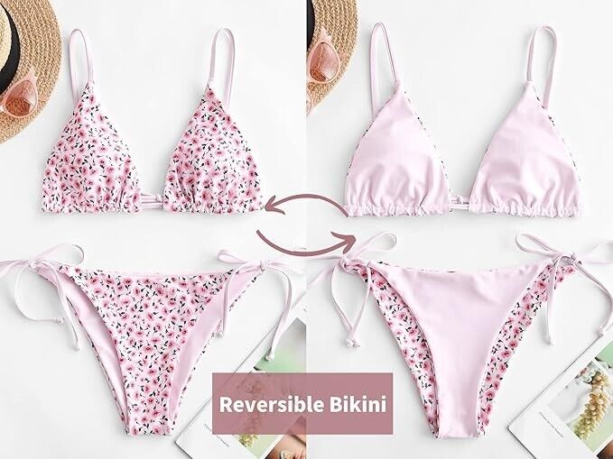 ZAFUL Women Triangle Bikini Floral String Bikini Set Two Piece Swimsuit, Pink, M