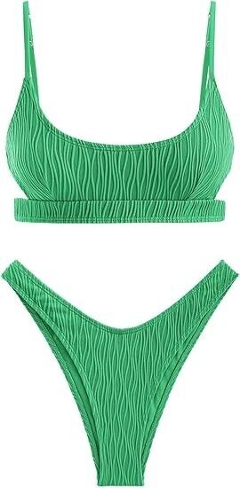 ZAFUL Women Cutout Scoop Neck Back Criss Cross Tie Ribbed High Cut Bikini Set, M