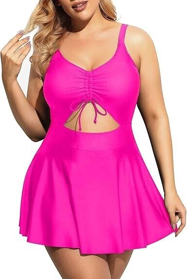 Yonique Women Plus Size One Piece Swimsuit- Skirt V-Neck Swimdress, Hot Pink 20W
