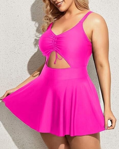 Yonique Women Plus Size One Piece Swimsuit- Skirt V-Neck Swimdress, Hot Pink 20W