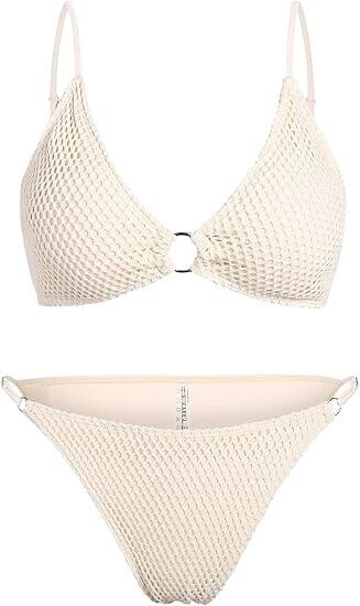ZAFUL Women's Crochet O Ring Triangle Bikini Set Fishnet Mesh String Swimwear, S