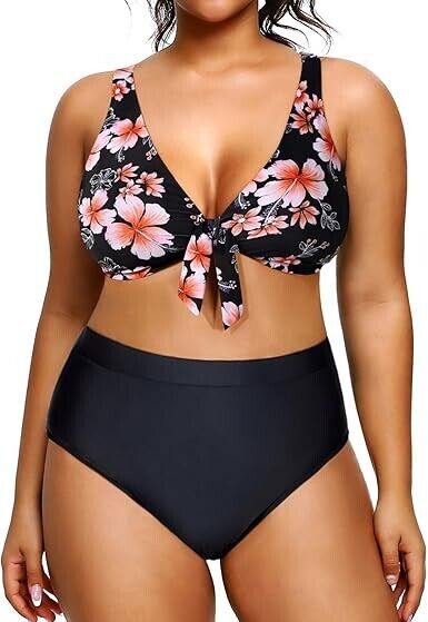 Yonique Women Plus Size Two Piece High Waisted Bikini Set Tie Knot Swimsuit, 16