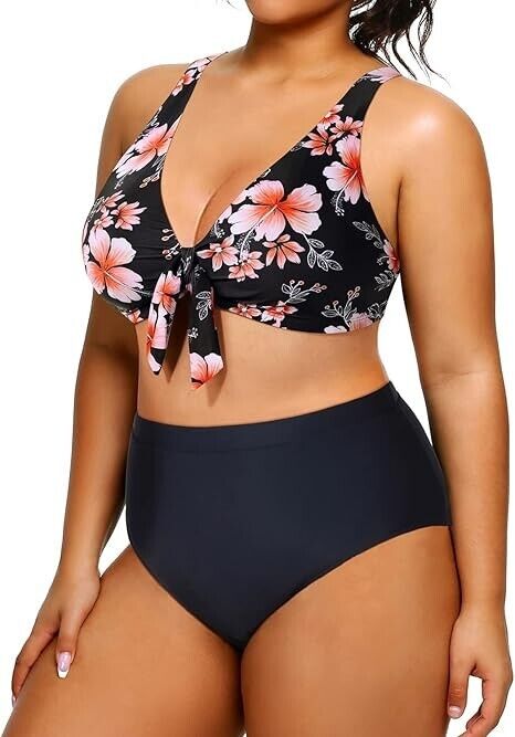 Yonique Women Plus Size Two Piece High Waisted Bikini Set Tie Knot Swimsuit, 16