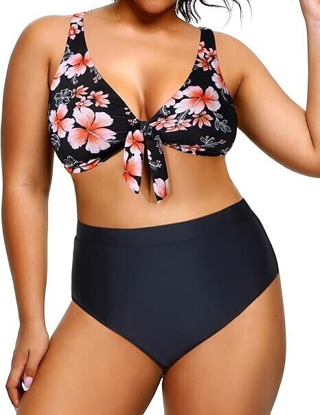 Yonique Women Plus Size Two Piece High Waisted Bikini Set Tie Knot Swimsuit, 16