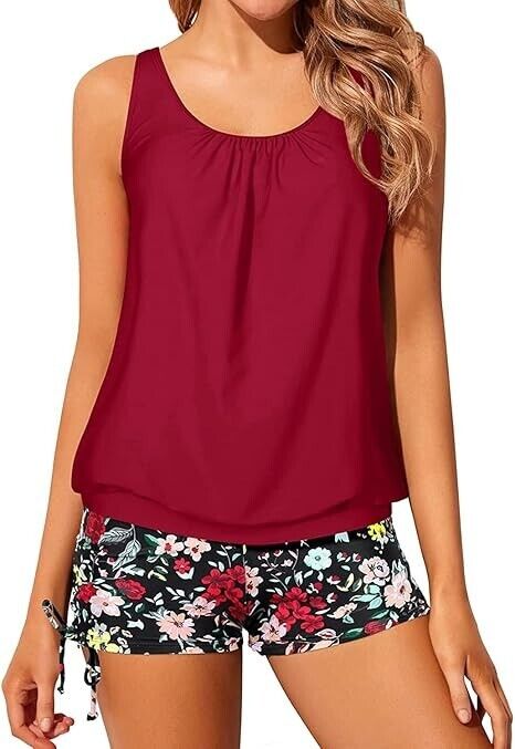 Yonique Blouson Tankini Swimsuit for Women Two Piece Bathing Suit Red Floral 2XL