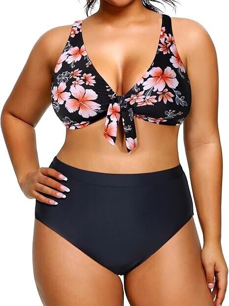 Yonique Women Plus Size Two Piece High Waisted Bikini Set Tie Knot Swimsuit, 16
