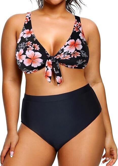 Yonique Women Plus Size Two Piece High Waisted Bikini Set Tie Knot Swimsuit, 16