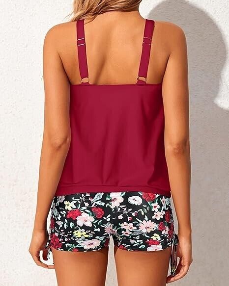 Yonique Blouson Tankini Swimsuit for Women Two Piece Bathing Suit Red Floral 2XL