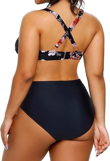 Yonique Women Plus Size Two Piece High Waisted Bikini Set Tie Knot Swimsuit, 16