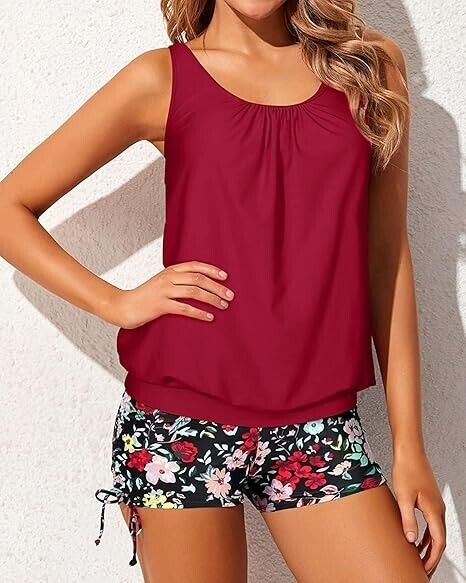 Yonique Blouson Tankini Swimsuit for Women Two Piece Bathing Suit Red Floral 2XL