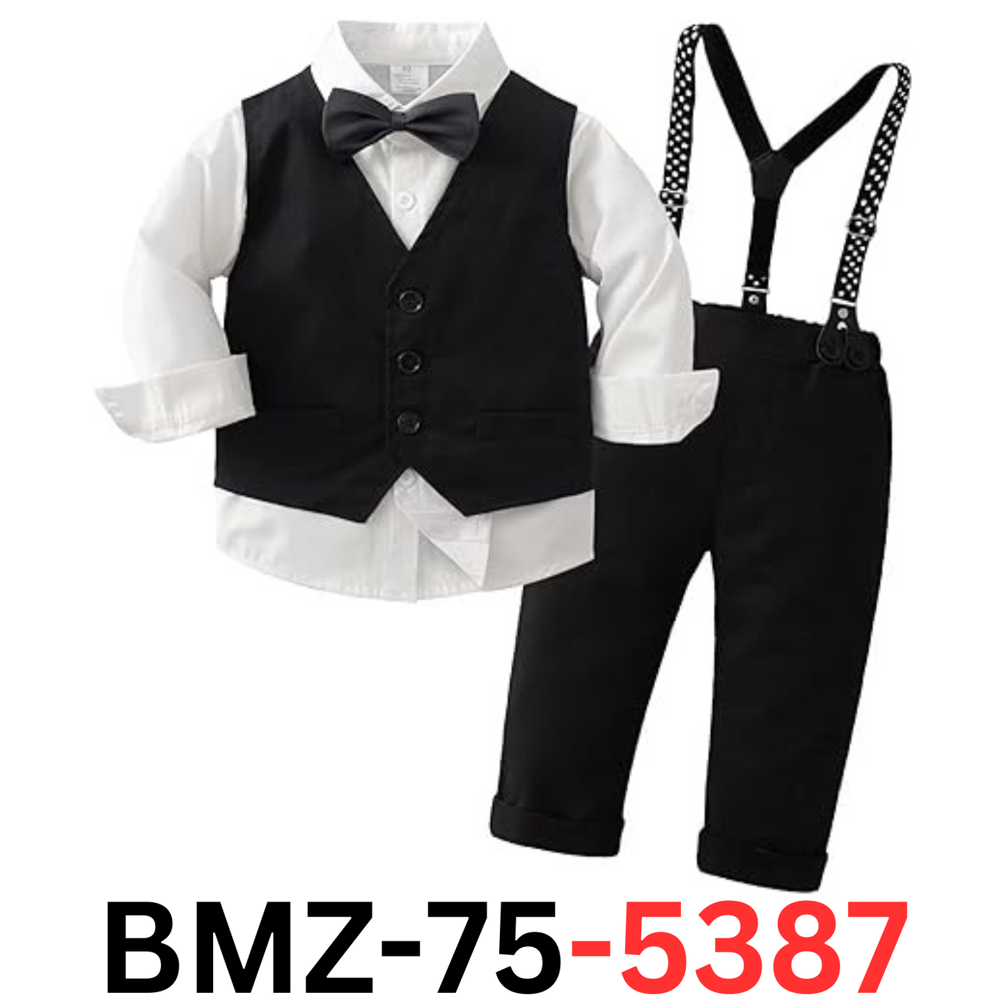 Boys Long Sleeve Dress Shirt with Bowtie+ Suspender Pants+ Vest Outfit, Blk 4-5T