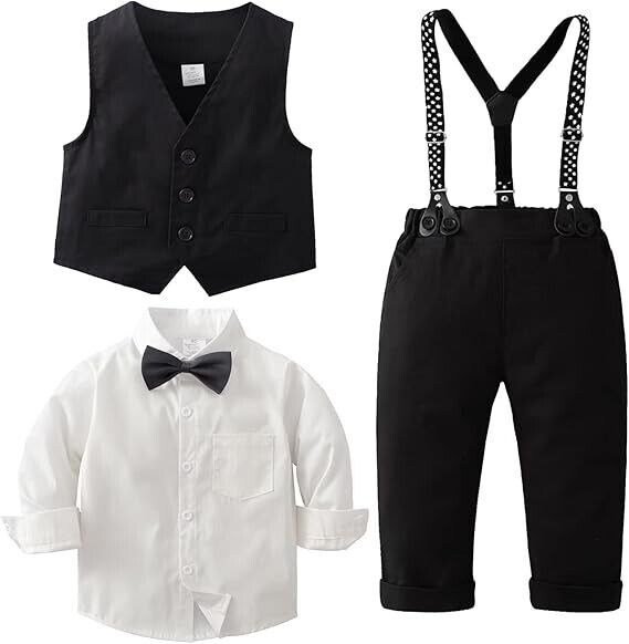 Boys Long Sleeve Dress Shirt with Bowtie+ Suspender Pants+ Vest Outfit, Blk 4-5T