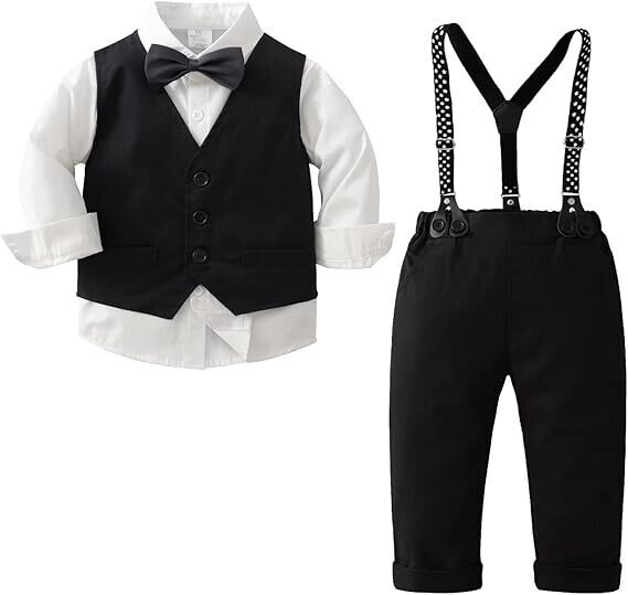 Boys Long Sleeve Dress Shirt with Bowtie+ Suspender Pants+ Vest Outfit, Blk 4-5T