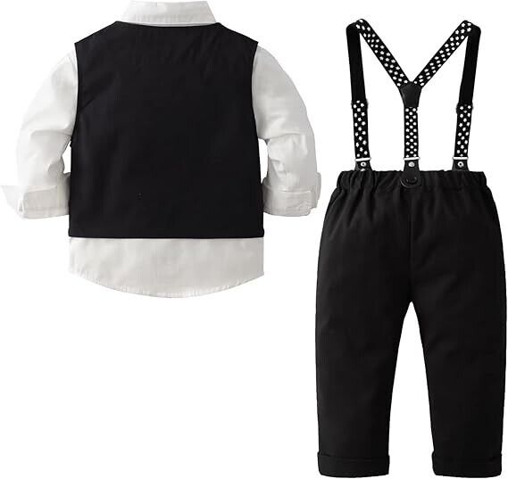 Boys Long Sleeve Dress Shirt with Bowtie+ Suspender Pants+ Vest Outfit, Blk 4-5T