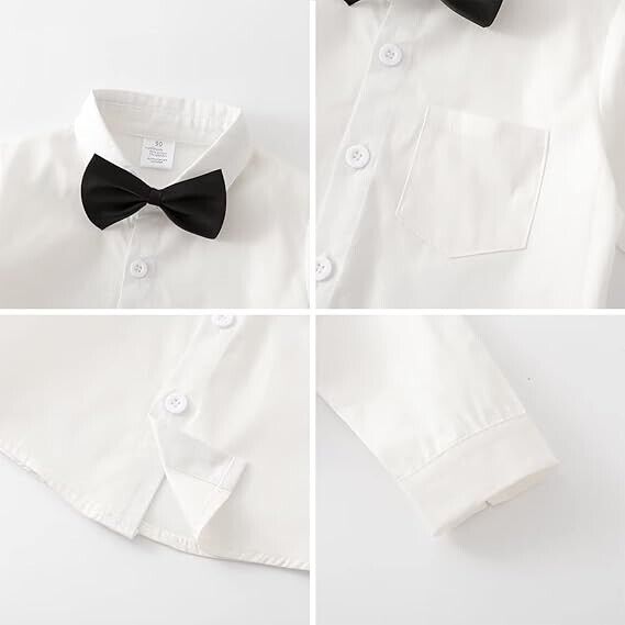 Boys Long Sleeve Dress Shirt with Bowtie+ Suspender Pants+ Vest Outfit, Blk 4-5T