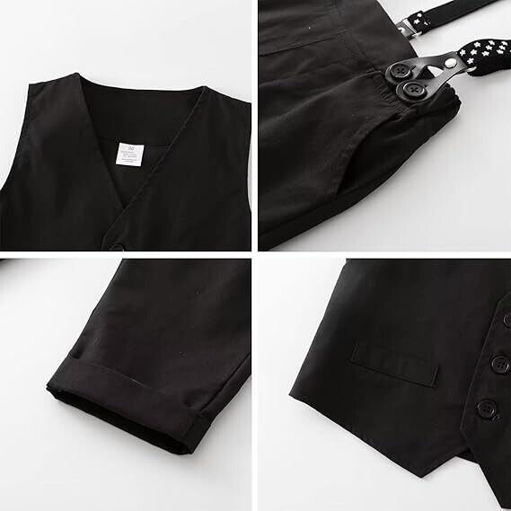 Boys Long Sleeve Dress Shirt with Bowtie+ Suspender Pants+ Vest Outfit, Blk 4-5T