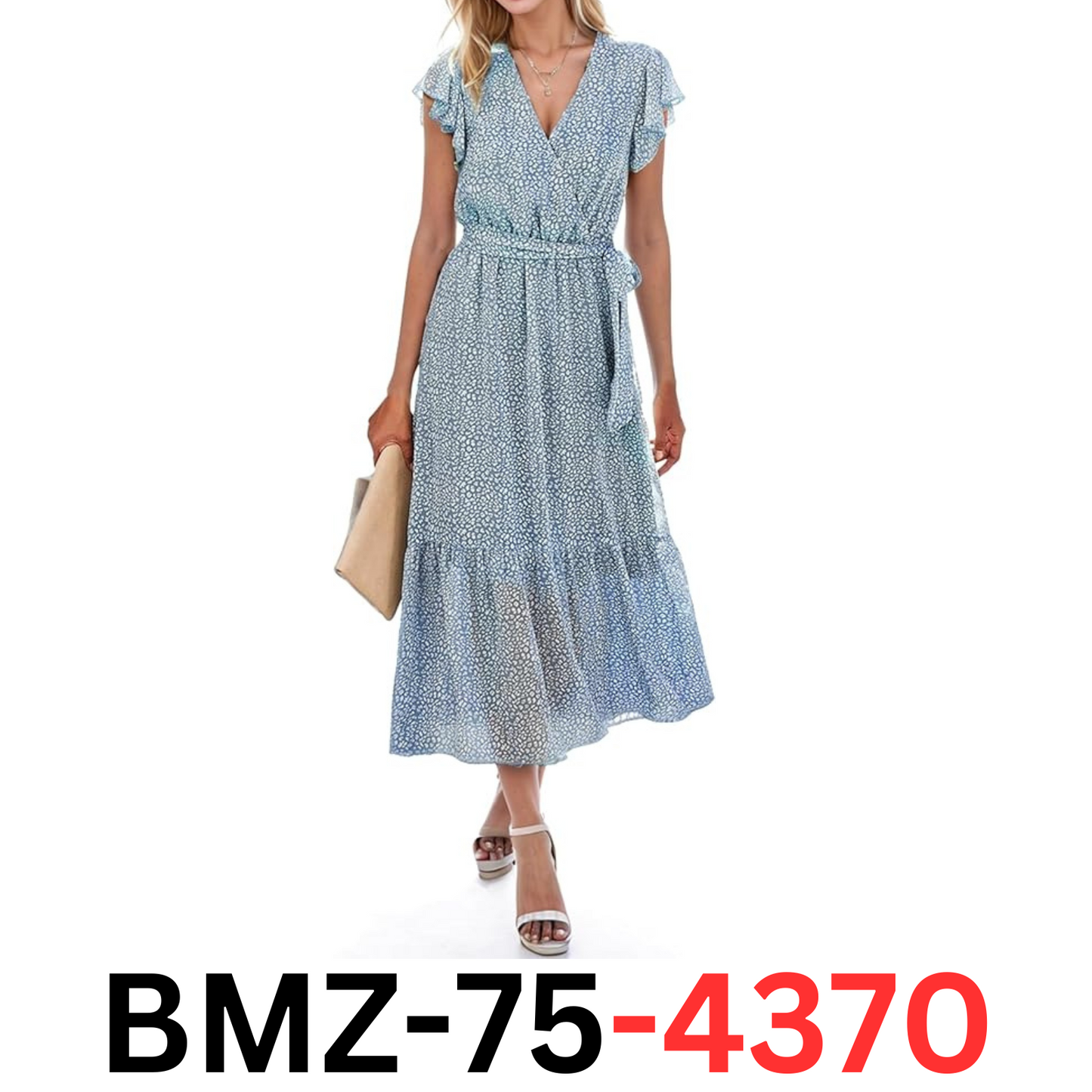 Cnlinkco Wedding Guest Dress Wrap V-Neck Ruffle Summer Dress, Blue Floral, S