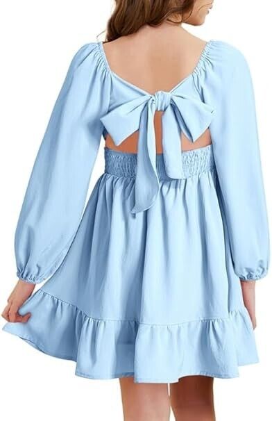 DOKOTOO KIDS Girls Long Sleeve Ruffle Hem Off Shoulder Square Neck Dress 8-9 Yrs